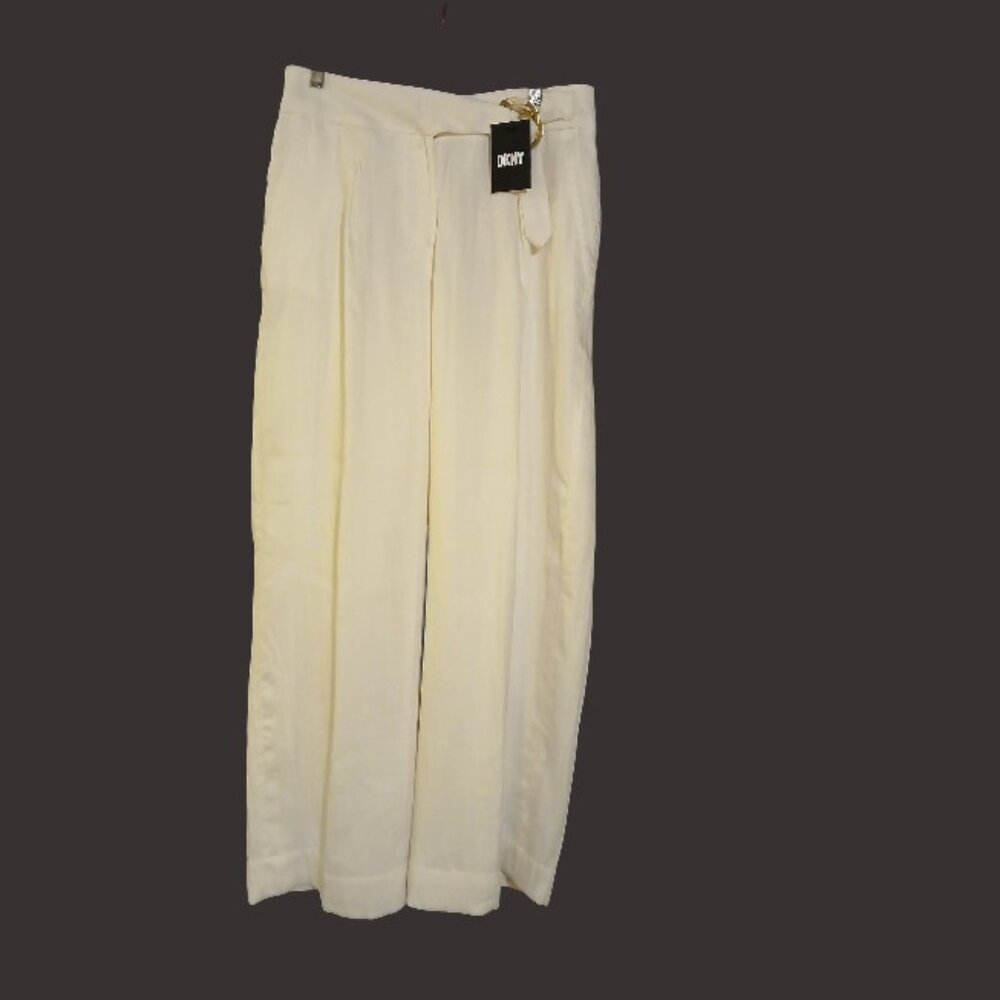 DKNY White High Waist Wide Leg w/Gold Buckle Trousers 6 - Picture 4 of 12